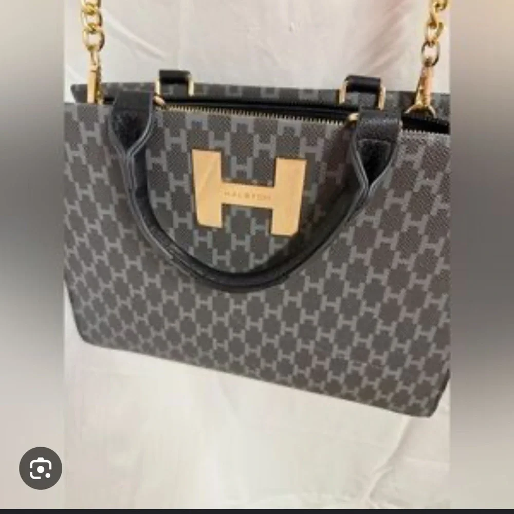 NWT H by Halston Vegan‎ Leather Logo Heritage Satchel Handbag Chain Strap Luxe
